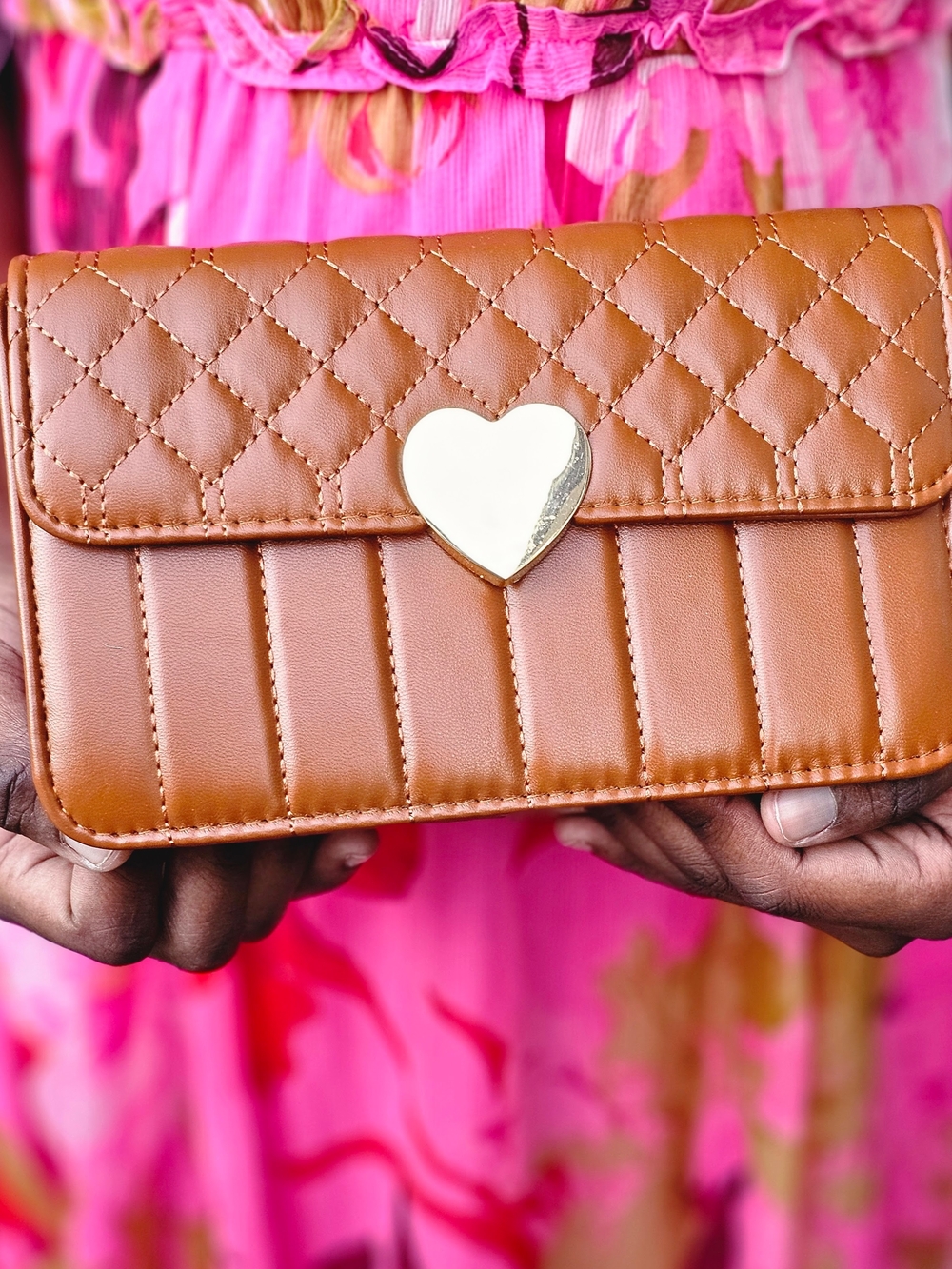 Quilted Heart Clasp Tan Women's Crossbody Bag